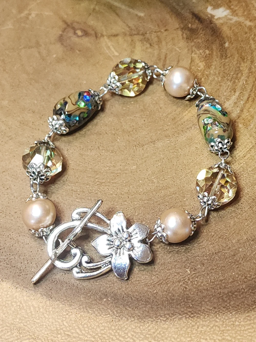 Bracelet & Earrings Set With Faux Pearls & AB Glass Crystal & Lampwork Beads - Picture 3 of 8